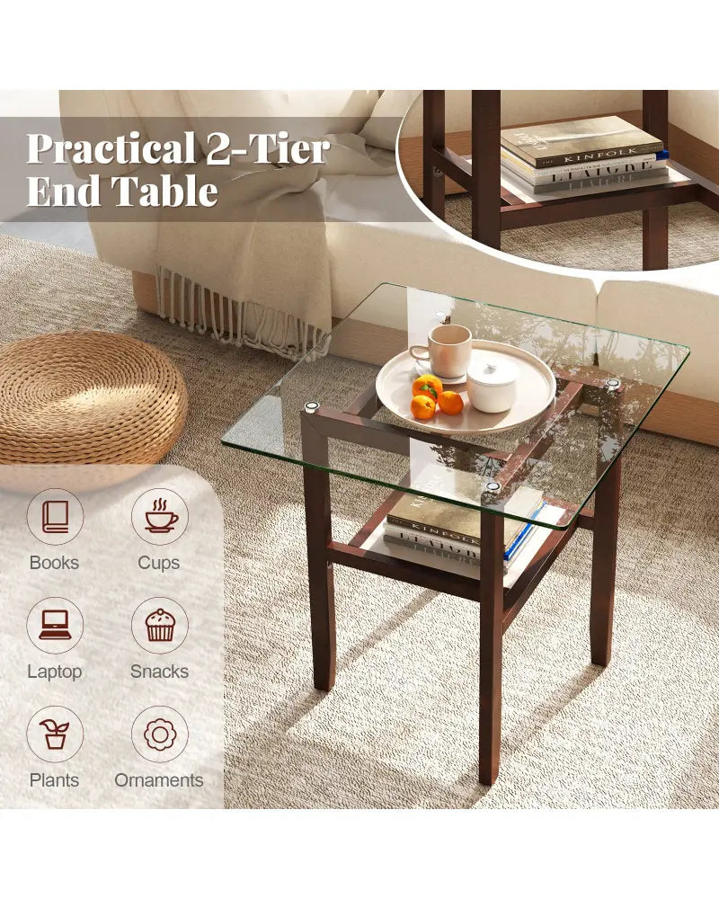 24 Inch 2-Tier Square Glass Coffee Table Center Table with Storage Shelf-Brown - Brown - End & Side Tables