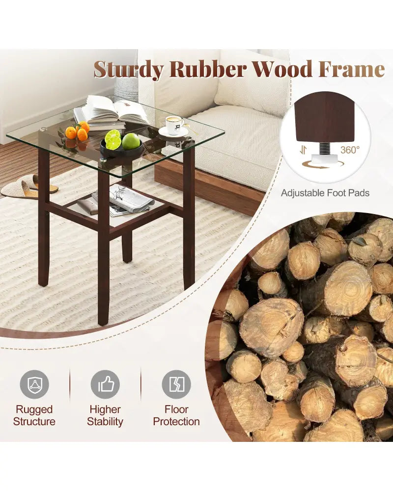 24 Inch 2-Tier Square Glass Coffee Table Center Table with Storage Shelf-Brown - Brown - End & Side Tables