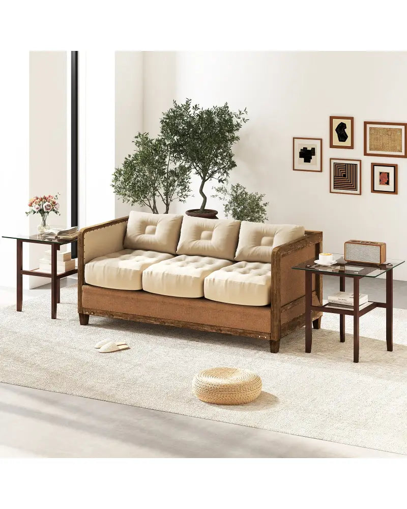24 Inch 2-Tier Square Glass Coffee Table Center Table with Storage Shelf-Brown - Brown - End & Side Tables
