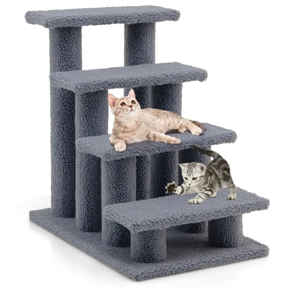 24 Inch 4-Step Pet Stairs Carpeted Ladder Ramp Scratching Post Cat Tree Climber-Gray - Gray - Cat Trees Condos &