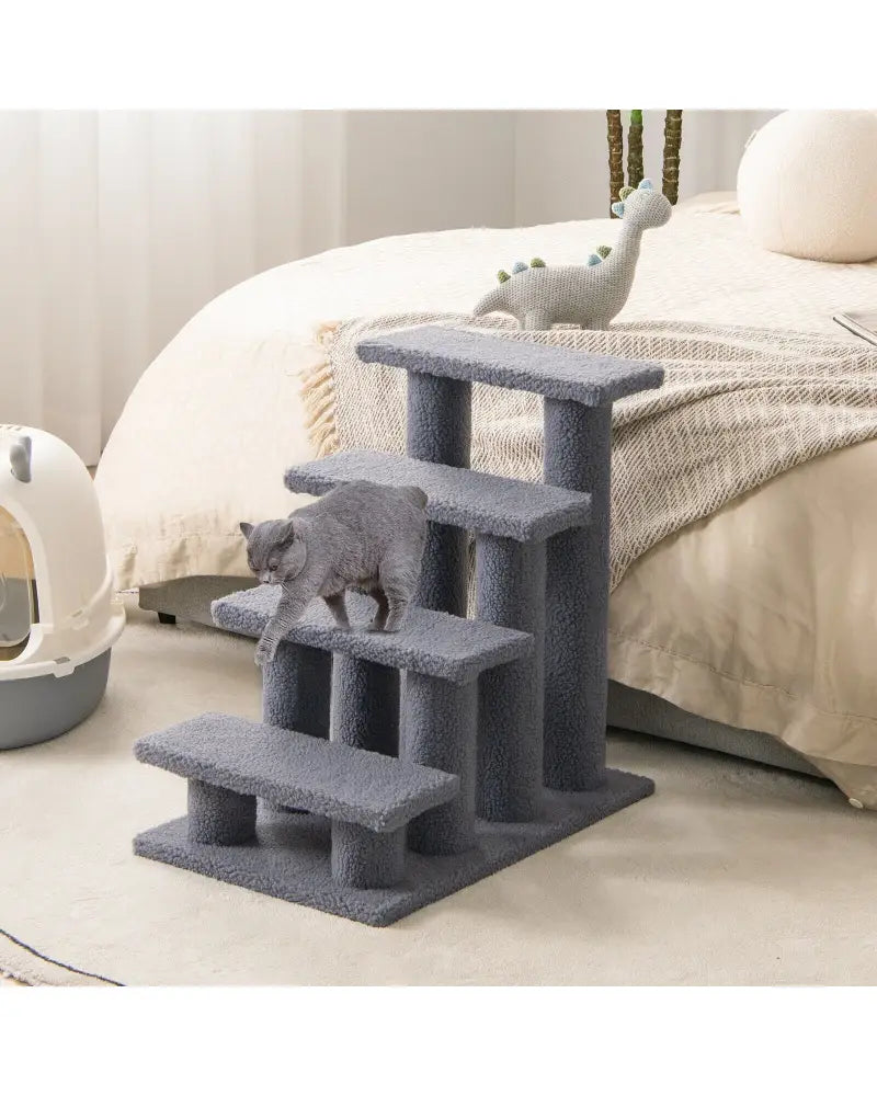 24 Inch 4-Step Pet Stairs Carpeted Ladder Ramp Scratching Post Cat Tree Climber-Gray - Gray - Cat Trees Condos &