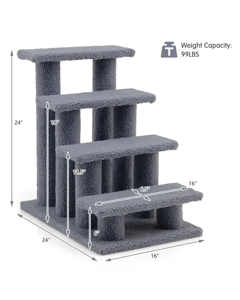 24 Inch 4-Step Pet Stairs Carpeted Ladder Ramp Scratching Post Cat Tree Climber-Gray - Gray - Cat Trees Condos &