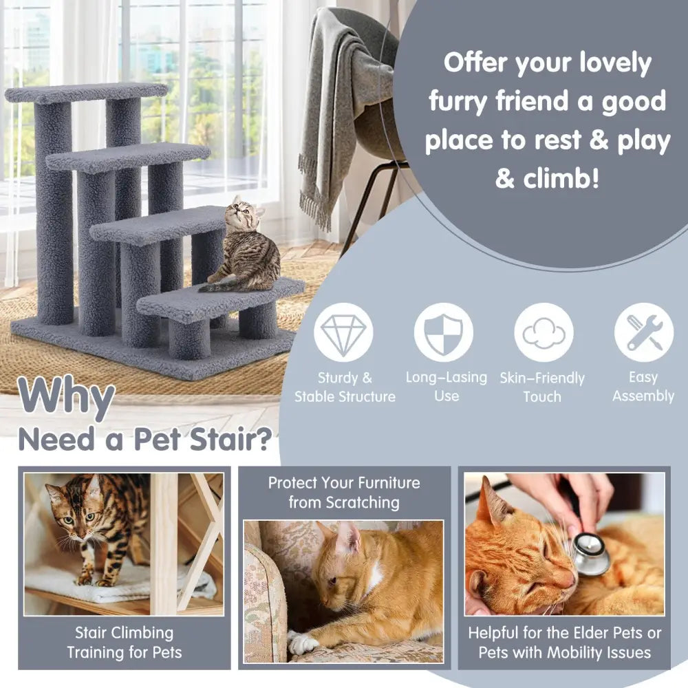24 Inch 4-Step Pet Stairs Carpeted Ladder Ramp Scratching Post Cat Tree Climber-Gray - Gray - Cat Trees Condos &