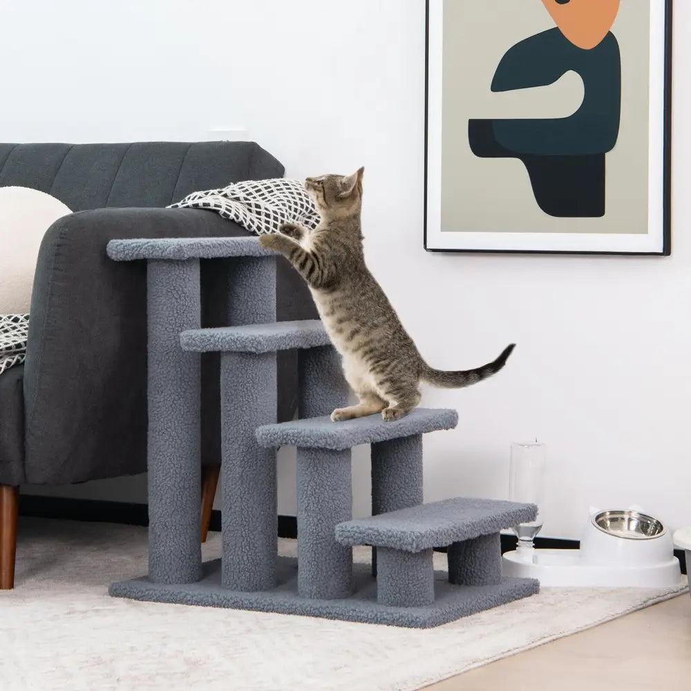 24 Inch 4-Step Pet Stairs Carpeted Ladder Ramp Scratching Post Cat Tree Climber-Gray - Gray - Cat Trees Condos &