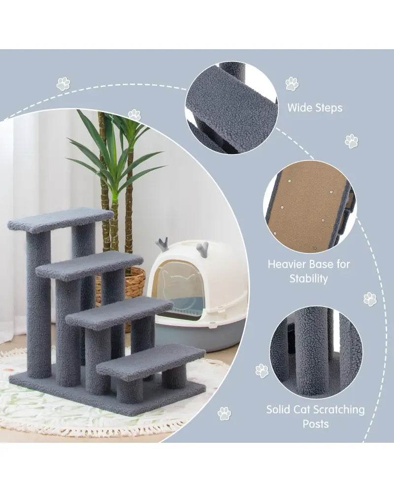 24 Inch 4-Step Pet Stairs Carpeted Ladder Ramp Scratching Post Cat Tree Climber-Gray - Gray - Cat Trees Condos &