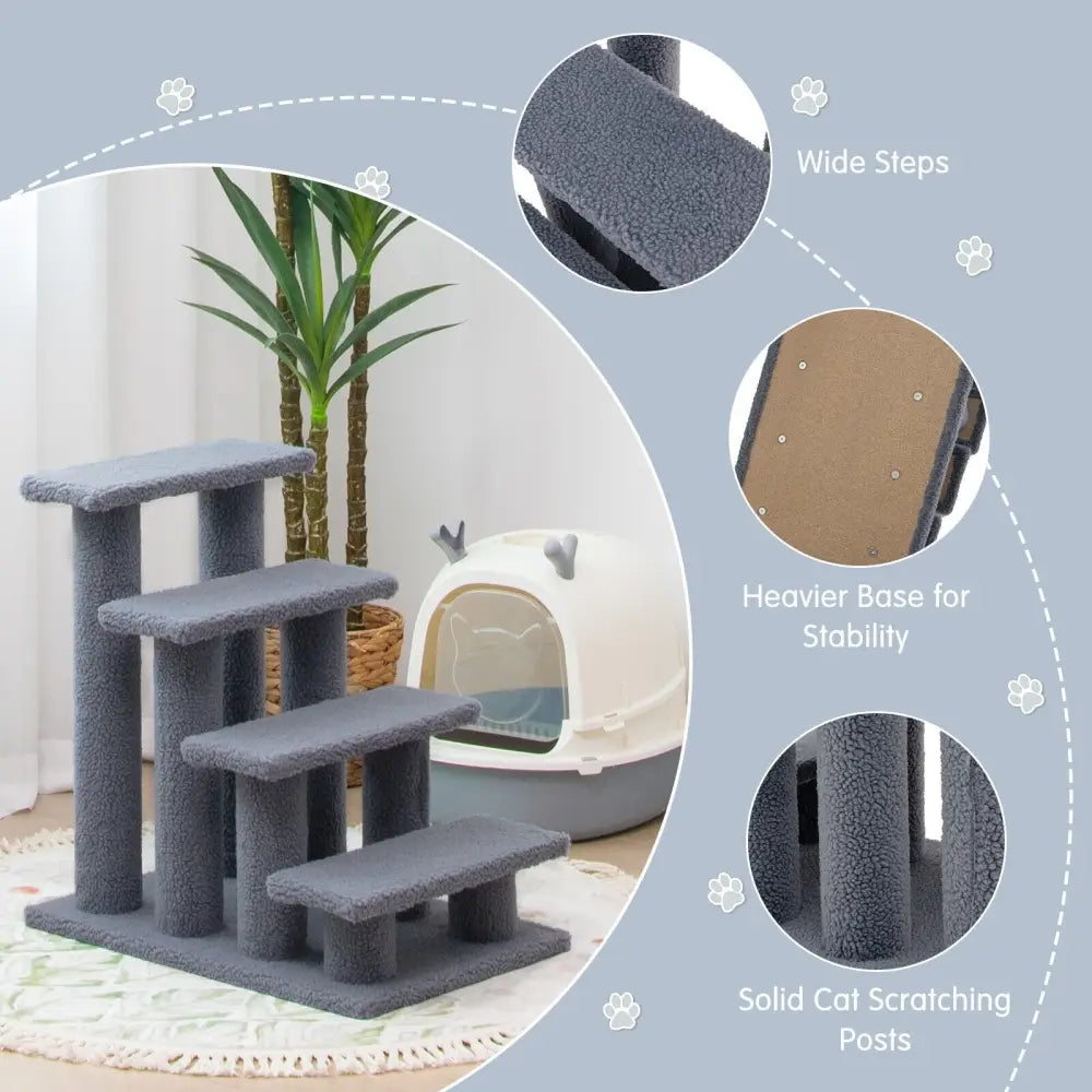 24 Inch 4-Step Pet Stairs Carpeted Ladder Ramp Scratching Post Cat Tree Climber-Gray - Gray - Cat Trees Condos &