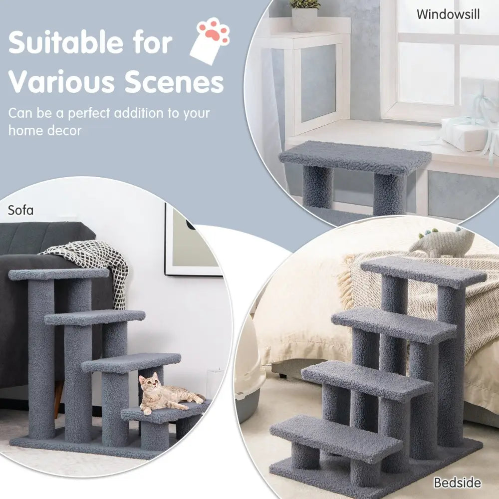 24 Inch 4-Step Pet Stairs Carpeted Ladder Ramp Scratching Post Cat Tree Climber-Gray - Gray - Cat Trees Condos &