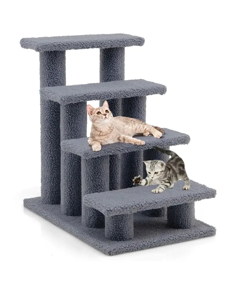 24 Inch 4-Step Pet Stairs Carpeted Ladder Ramp Scratching Post Cat Tree Climber-Gray - Gray - Cat Trees Condos &