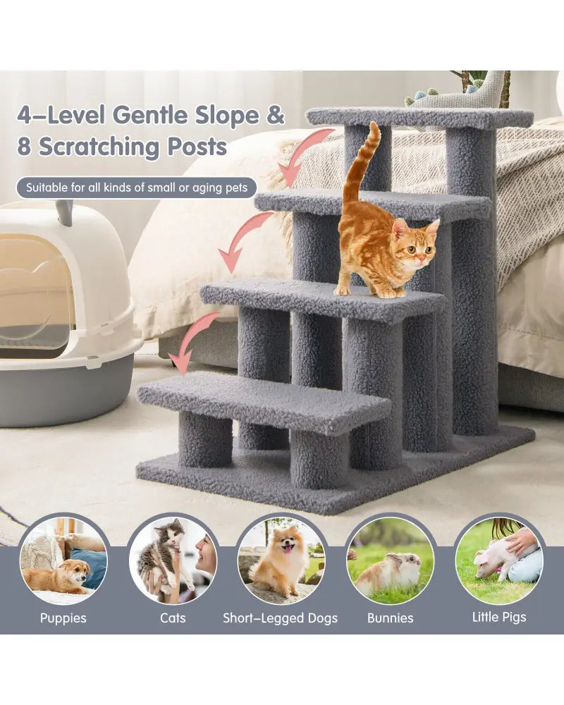 24 Inch 4-Step Pet Stairs Carpeted Ladder Ramp Scratching Post Cat Tree Climber-Gray - Gray - Cat Trees Condos &