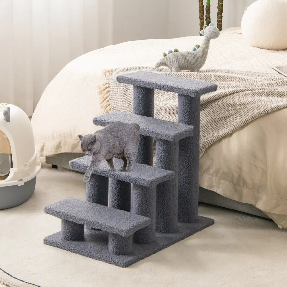 24 Inch 4-Step Pet Stairs Carpeted Ladder Ramp Scratching Post Cat Tree Climber-Gray - Gray - Cat Trees Condos &