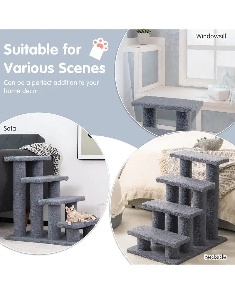 24 Inch 4-Step Pet Stairs Carpeted Ladder Ramp Scratching Post Cat Tree Climber-Gray - Gray - Cat Trees Condos &