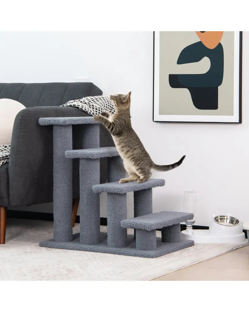 24 Inch 4-Step Pet Stairs Carpeted Ladder Ramp Scratching Post Cat Tree Climber-Gray - Gray - Cat Trees Condos &