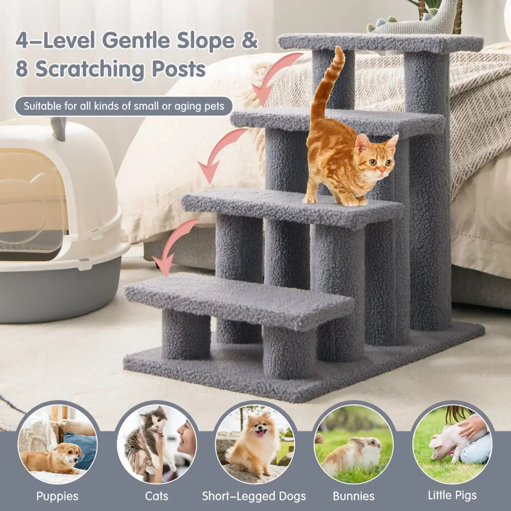24 Inch 4-Step Pet Stairs Carpeted Ladder Ramp Scratching Post Cat Tree Climber-Gray - Gray - Cat Trees Condos &