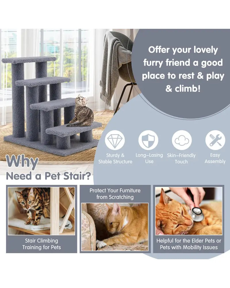24 Inch 4-Step Pet Stairs Carpeted Ladder Ramp Scratching Post Cat Tree Climber-Gray - Gray - Cat Trees Condos &