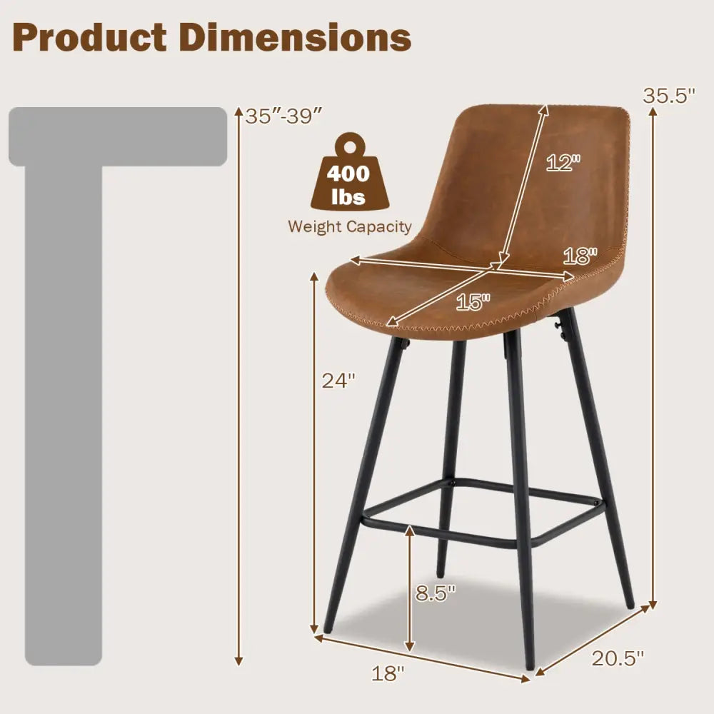 24 Inch Bar Stools Set of 2 with Backs and Footrests-Brown - Brown - Bar Stools