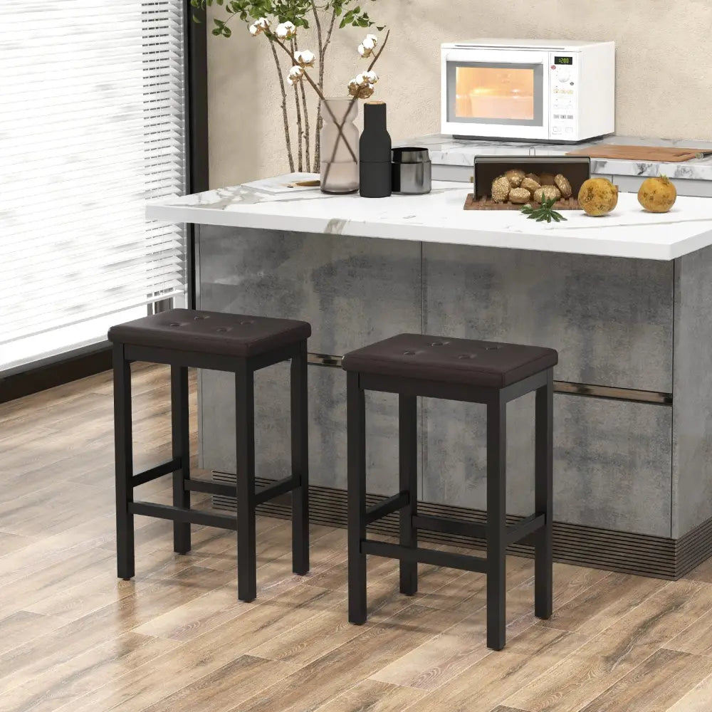 24 Inch Bar Stools with Padded Seat Footrest and Rubber Wood Frame-Brown Costway