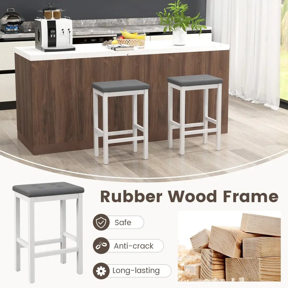 24 Inch Bar Stools with Padded Seat Footrest and Rubber Wood Frame-White - White - Bar Stools