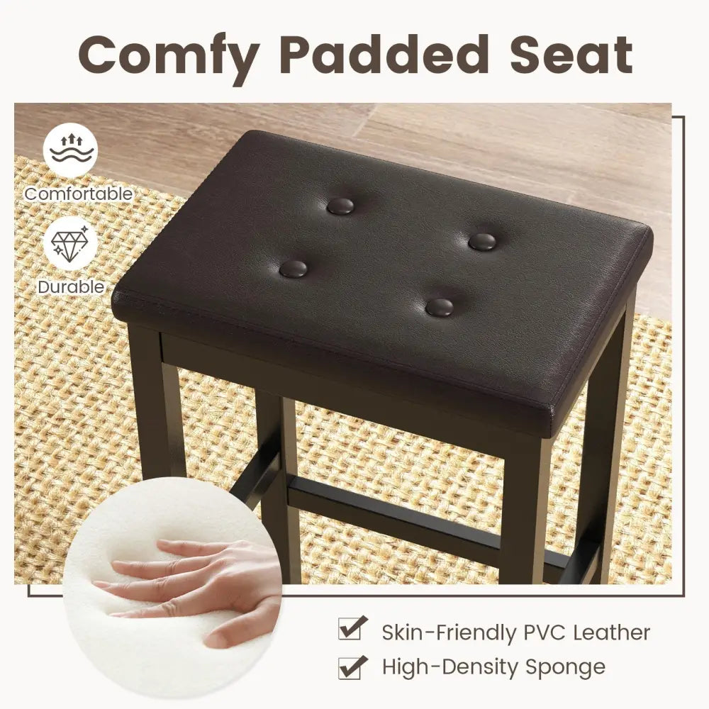 24 Inch Bar Stools with Padded Seat Footrest and Rubber Wood Frame-Brown Costway