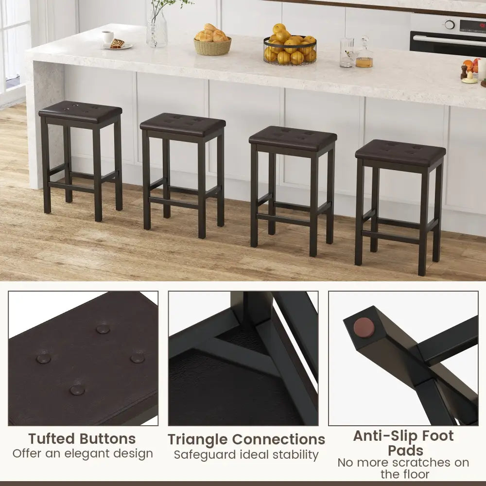 24 Inch Bar Stools with Padded Seat Footrest and Rubber Wood Frame-Brown Costway