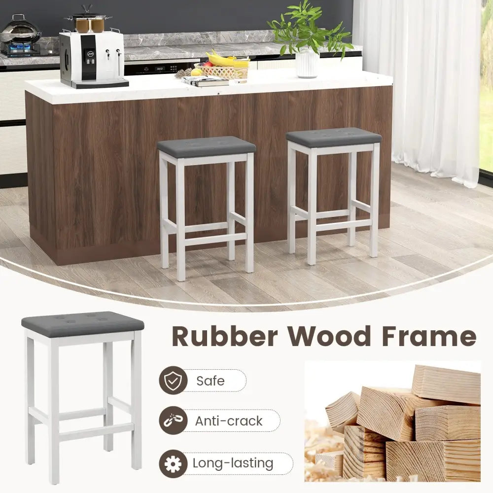 24 Inch Bar Stools with Padded Seat Footrest and Rubber Wood Frame-White Costway