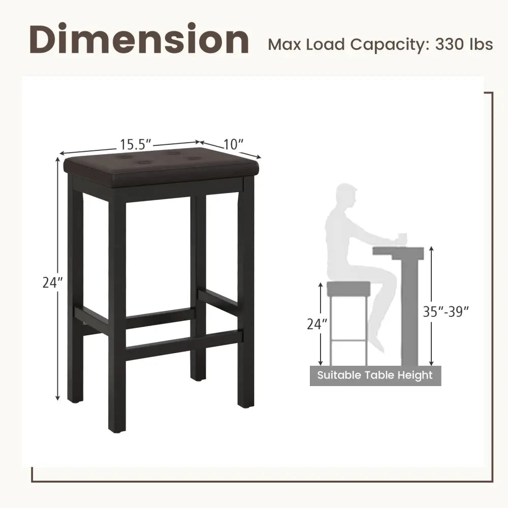 24 Inch Bar Stools with Padded Seat Footrest and Rubber Wood Frame-Brown Costway