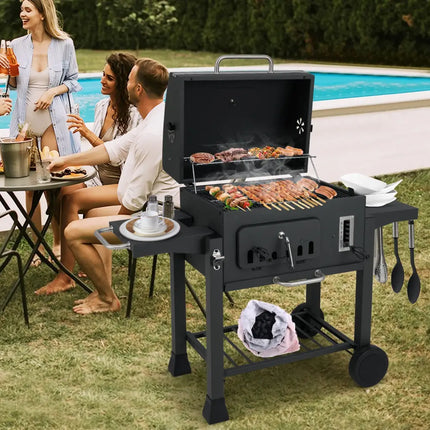 24-Inch Barrel Charcoal Grill with 2 Folding Side Tables and 544 sq.in Cooking Area - Black - Outdoor Grills