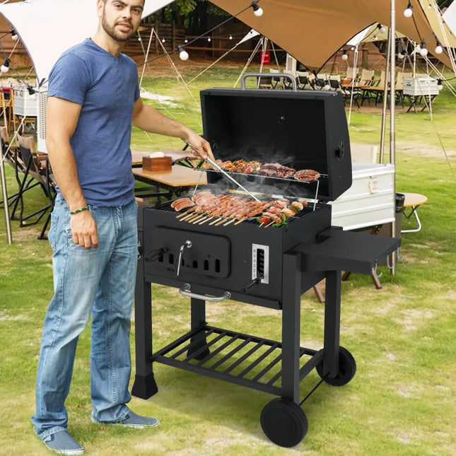 24-Inch Barrel Charcoal Grill with 2 Folding Side Tables and 544 sq.in Cooking Area - Black - Outdoor Grills