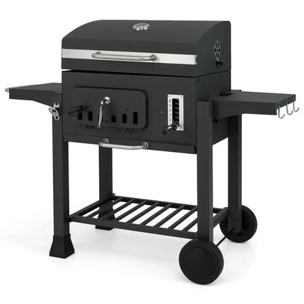 24-Inch Barrel Charcoal Grill with 2 Folding Side Tables and 544 sq.in Cooking Area - Black - Outdoor Grills