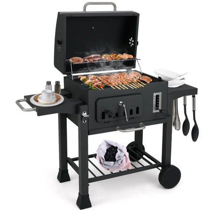 24-Inch Barrel Charcoal Grill with 2 Folding Side Tables and 544 sq.in Cooking Area - Black - Outdoor Grills