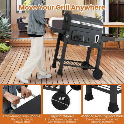 24-Inch Barrel Charcoal Grill with 2 Folding Side Tables and 544 sq.in Cooking Area - Black - Outdoor Grills