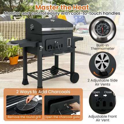 24-Inch Barrel Charcoal Grill with 2 Folding Side Tables and 544 sq.in Cooking Area - Black - Outdoor Grills