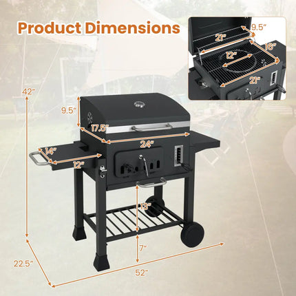 24-Inch Barrel Charcoal Grill with 2 Folding Side Tables and 544 sq.in Cooking Area - Black - Outdoor Grills