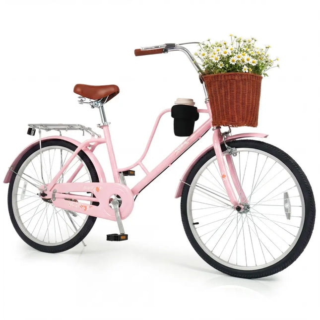 24 - Inch Beach Cruiser Bike with Cup Holder and Woven Basket - Pink - Oasis Home Essentials
