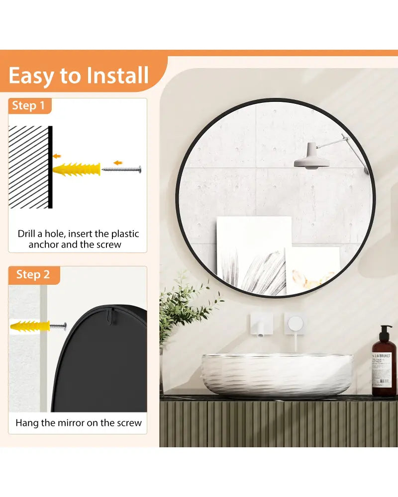 24 Inch Black Circle Bathroom Mirror with Explosion-proof Film - Black - Wall Mirrors