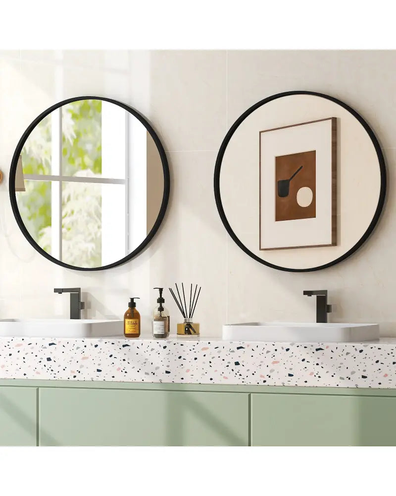 24 Inch Black Circle Bathroom Mirror with Explosion-proof Film - Black - Wall Mirrors