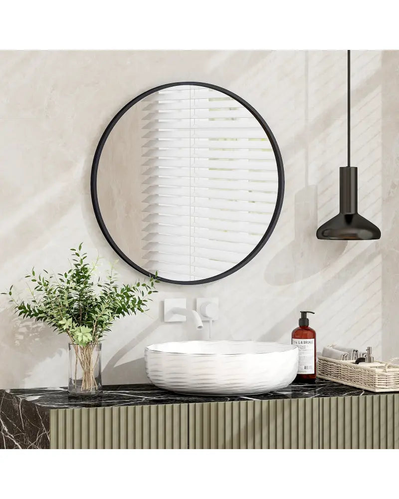 24 Inch Black Circle Bathroom Mirror with Explosion-proof Film - Black - Wall Mirrors