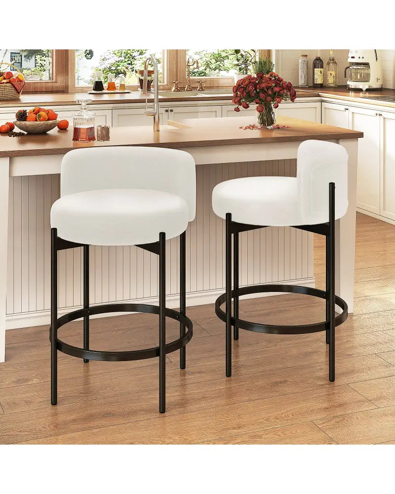 24 Inch Boucle Counter Stools Set of 2 with Curved Backrest - White - Bar Stools
