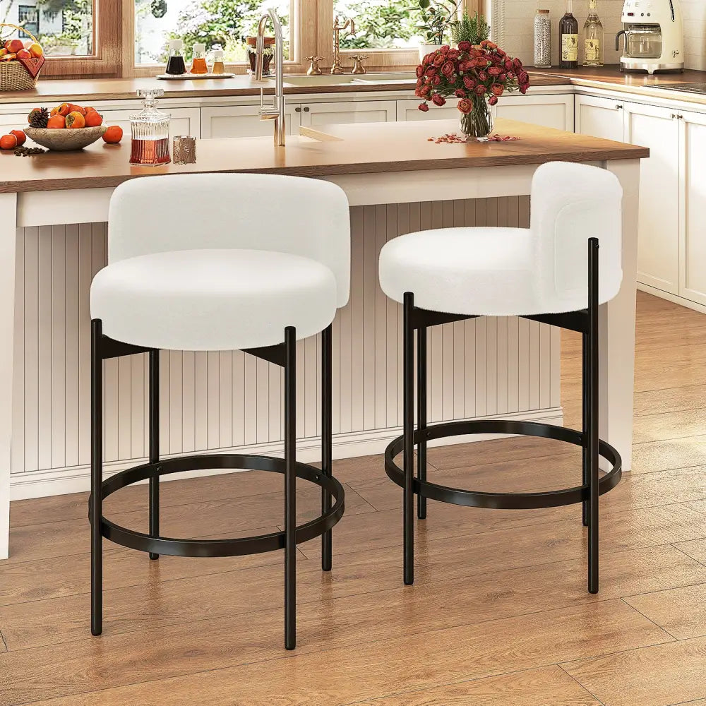24 Inch Boucle Counter Stools Set of 2 with Curved Backrest - White - Bar Stools