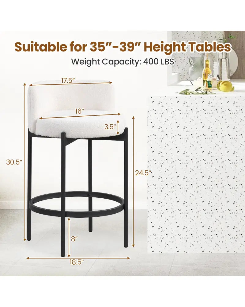 24 Inch Boucle Counter Stools Set of 2 with Curved Backrest - White - Bar Stools