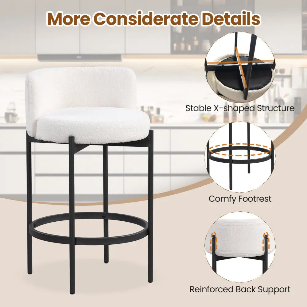 24 Inch Boucle Counter Stools Set of 4 with Curved Backrest - White - Bar Stools