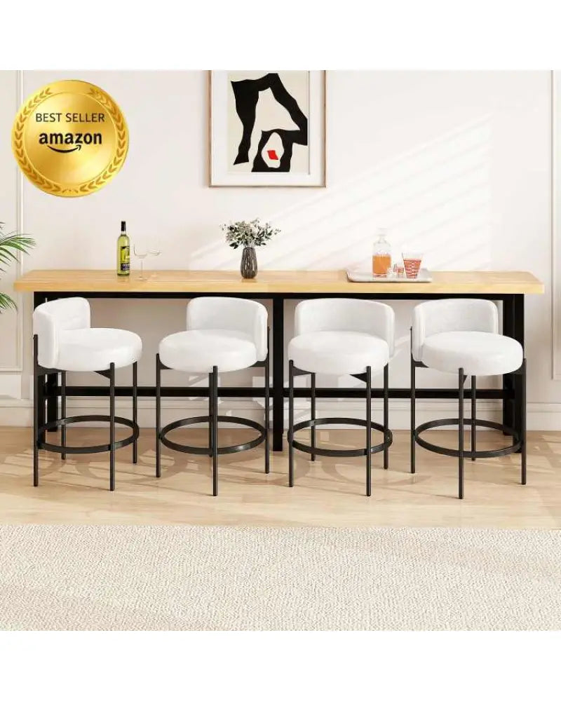 24 Inch Boucle Counter Stools Set of 4 with Curved Backrest - White - Bar Stools