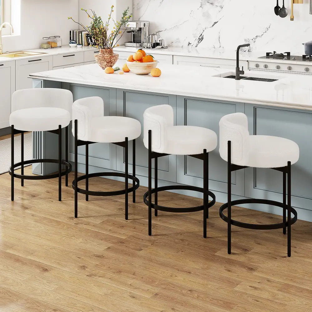 24 Inch Boucle Counter Stools Set of 4 with Curved Backrest - White - Bar Stools