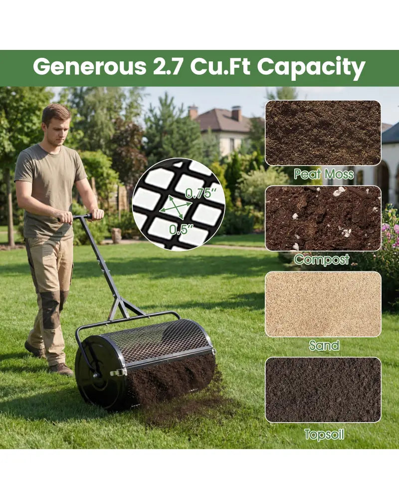 24 Inch Compost Spreader Peat Moss Spreader Roller with Height-Adjustable T-Shaped Handle-Black - Black - Lawn Care