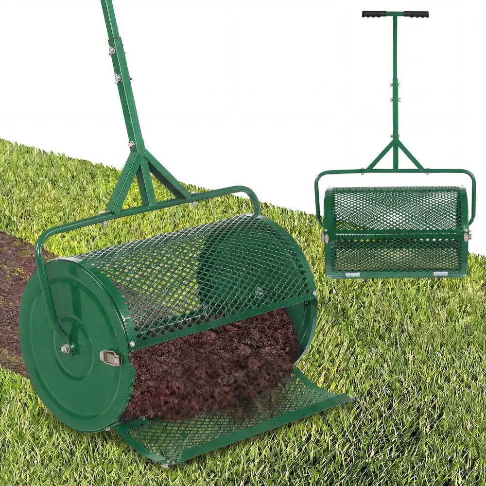 24 Inch Compost Spreader Peat Moss Spreader Roller with Height-Adjustable T-Shaped Handle-Green - Green - Lawn Care