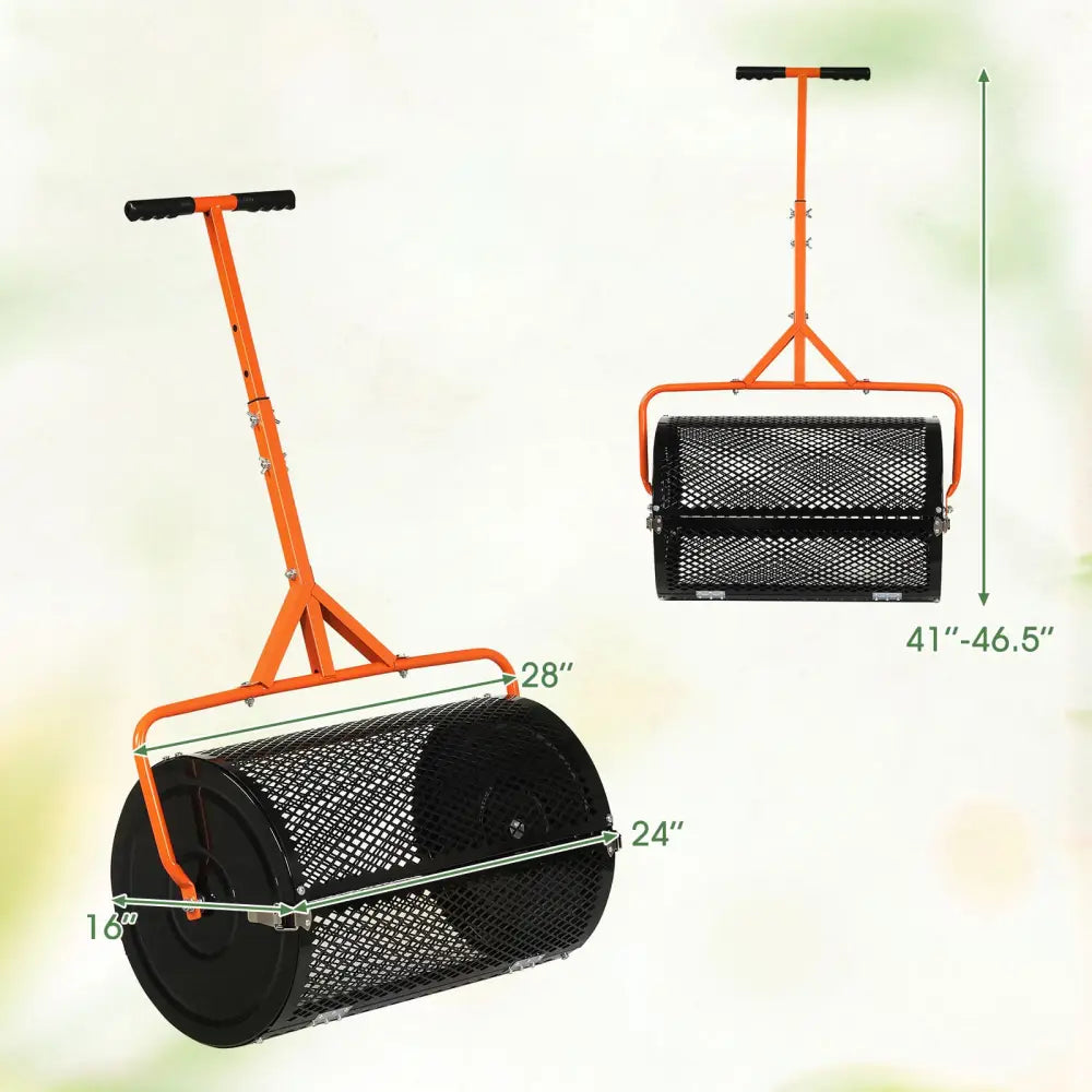 24 Inch Compost Spreader Peat Moss Spreader Roller with Height-Adjustable T-Shaped Handle-Orange - Orange - Lawn Care