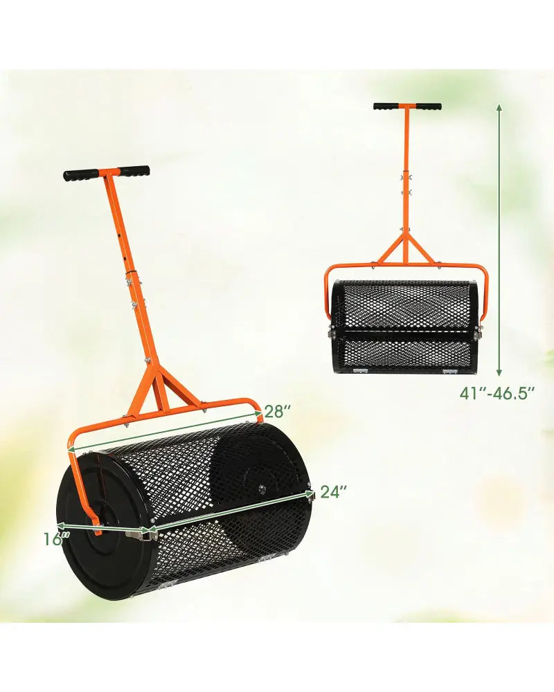 24 Inch Compost Spreader Peat Moss Spreader Roller with Height-Adjustable T-Shaped Handle-Orange - Orange - Lawn Care