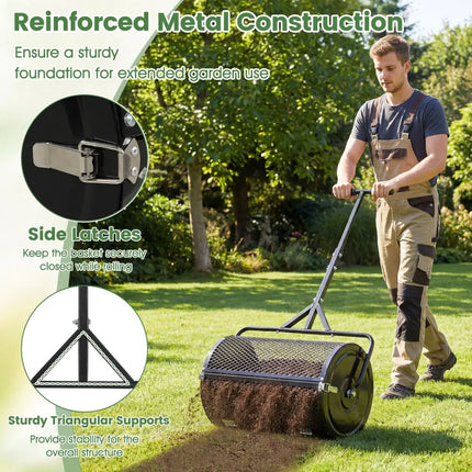 24 Inch Compost Spreader Peat Moss Spreader Roller with Height-Adjustable T-Shaped Handle-Black - Black - Lawn Care