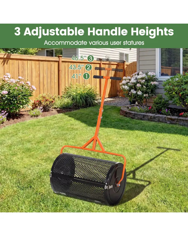 24 Inch Compost Spreader Peat Moss Spreader Roller with Height-Adjustable T-Shaped Handle-Orange - Orange - Lawn Care
