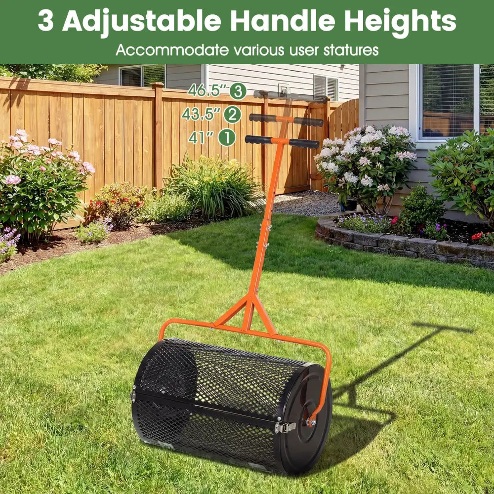 24 Inch Compost Spreader Peat Moss Spreader Roller with Height-Adjustable T-Shaped Handle-Orange - Orange - Lawn Care