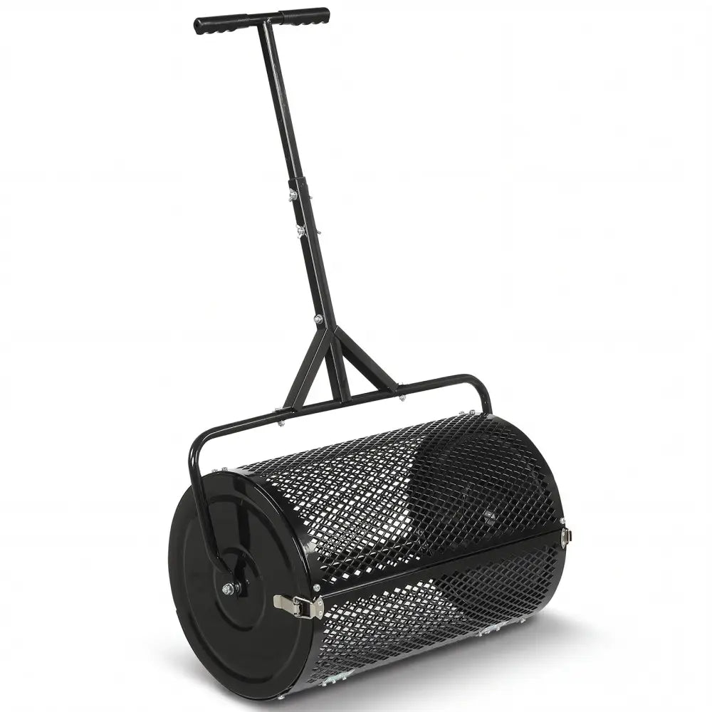 24 Inch Compost Spreader Peat Moss Spreader Roller with Height-Adjustable T-Shaped Handle-Black - Black - Lawn Care